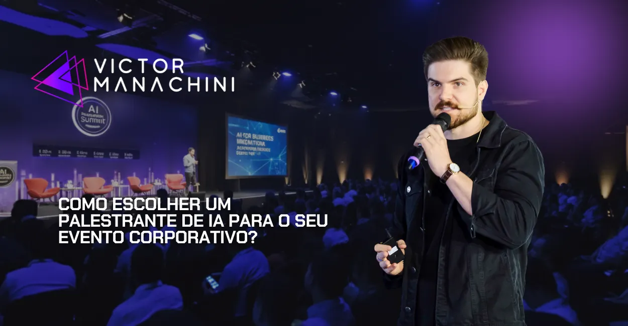 Palestrante de IA explicando como escolher um palestrante de inteligência artificial para evento corporativo